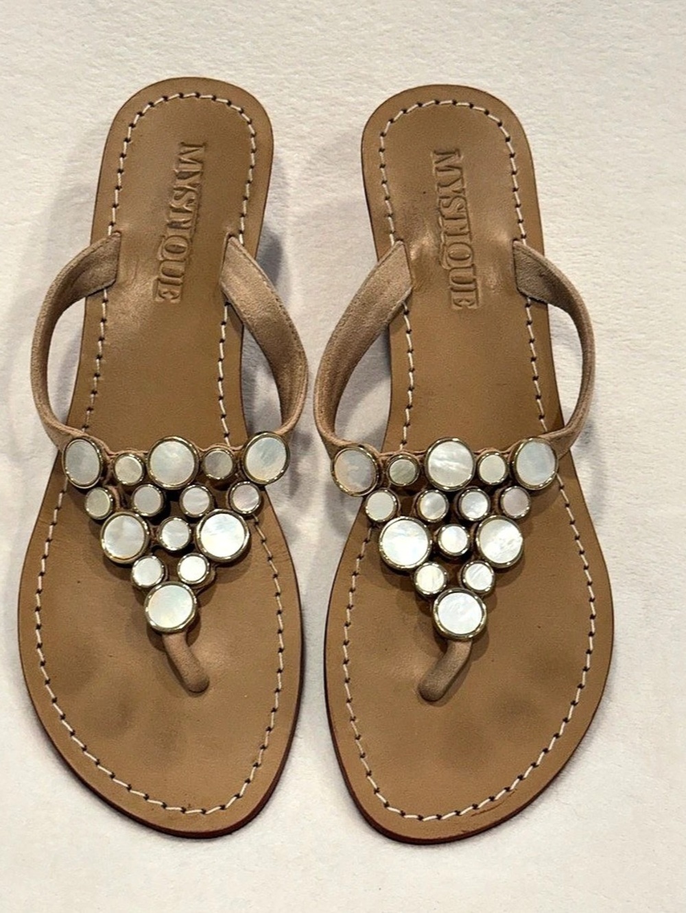Mystique Mother of Pearl Suede Wedge Sandals Tan Leather Thong Size 10